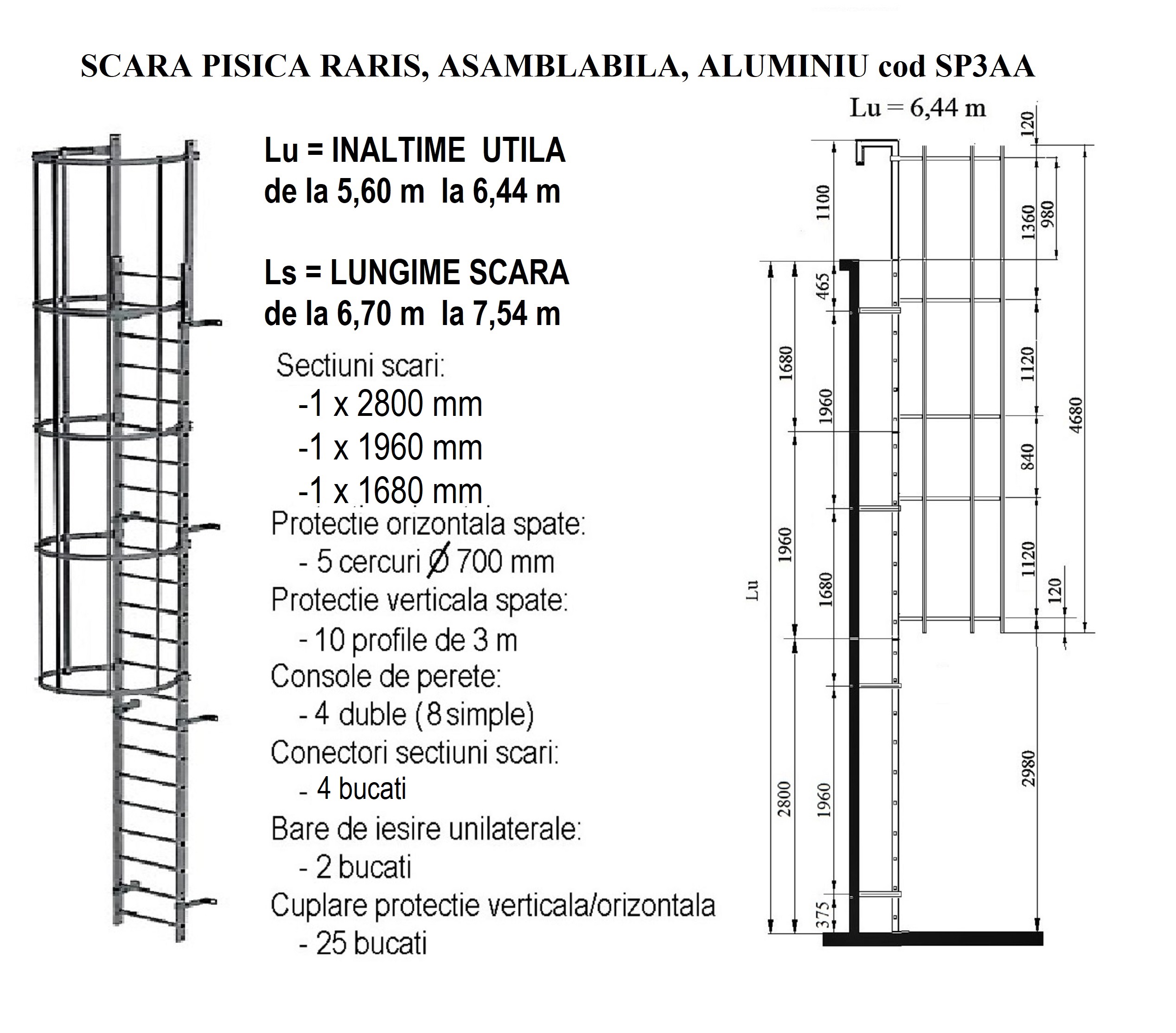 Scara pisica RARIS, asamblabila, din aluminiu, inaltime acoperis de la 5,60 m la 6,44 m, cod SP3AA